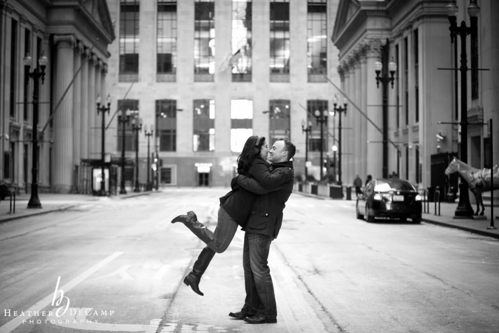Heather is a chicago wedding photographer. winter engagement photos in downtown chicago and at couples home