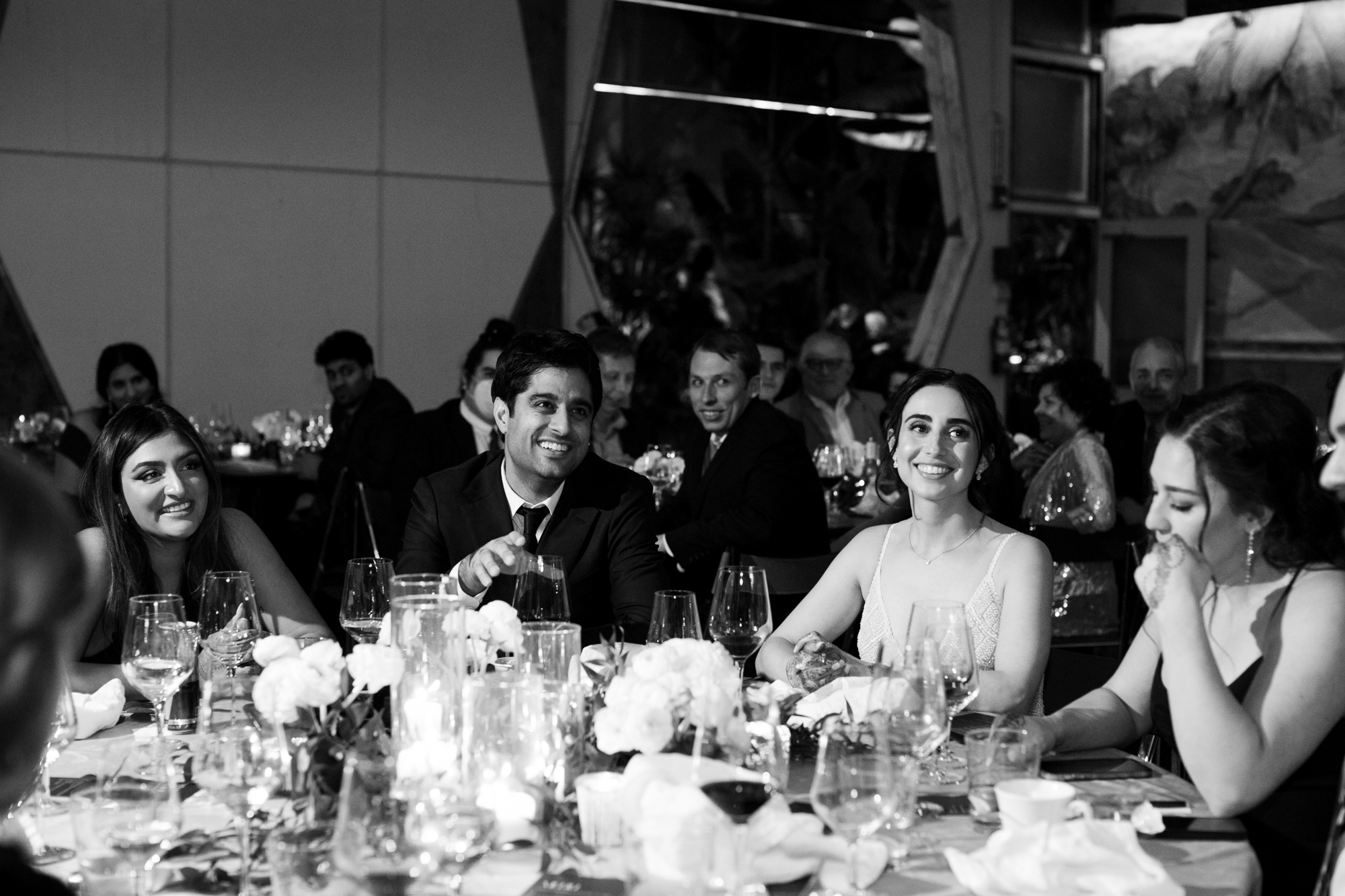 bride and groom laugh during speeches los angeles