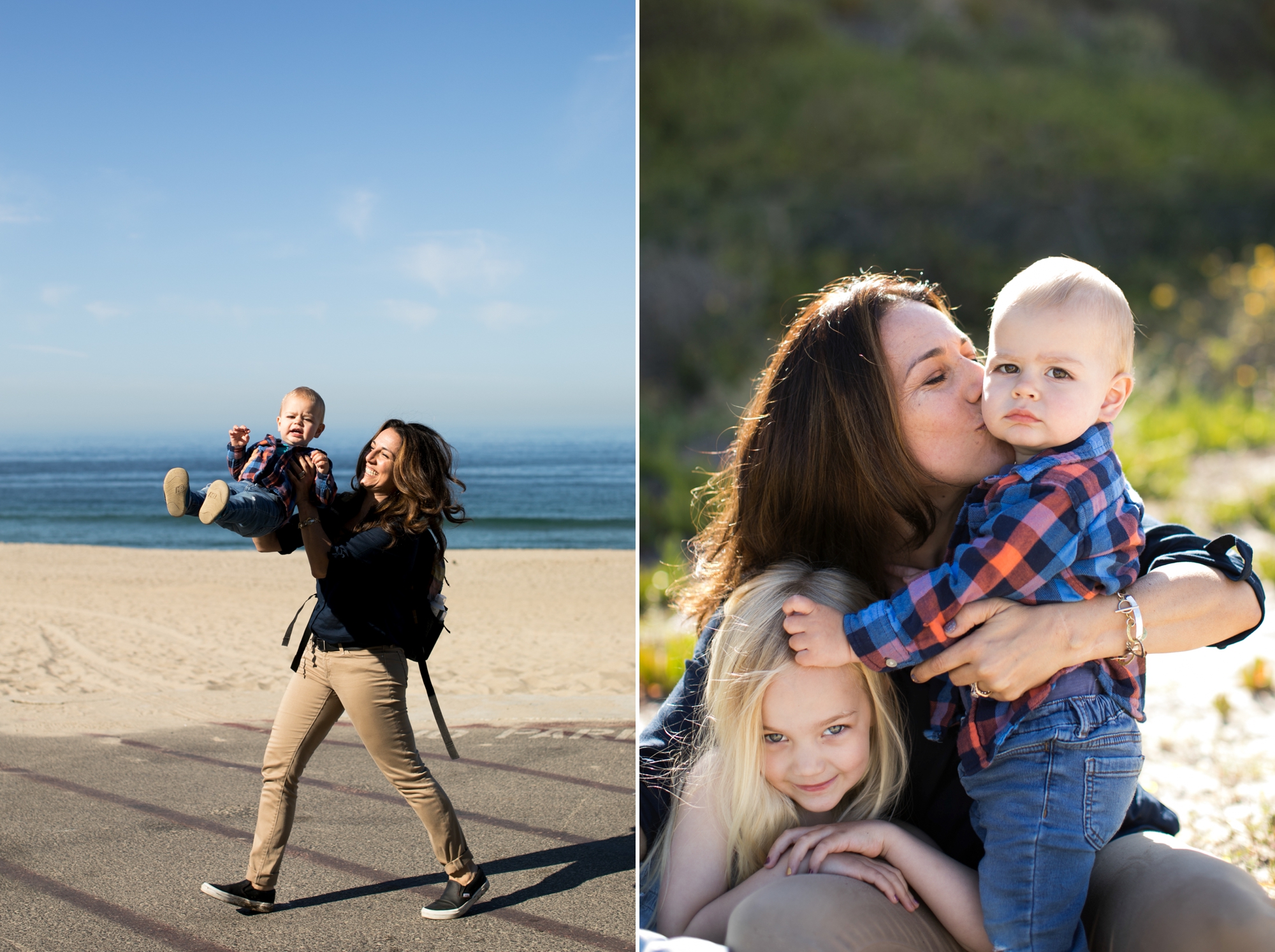Mom plays with kids at beach in Malibu